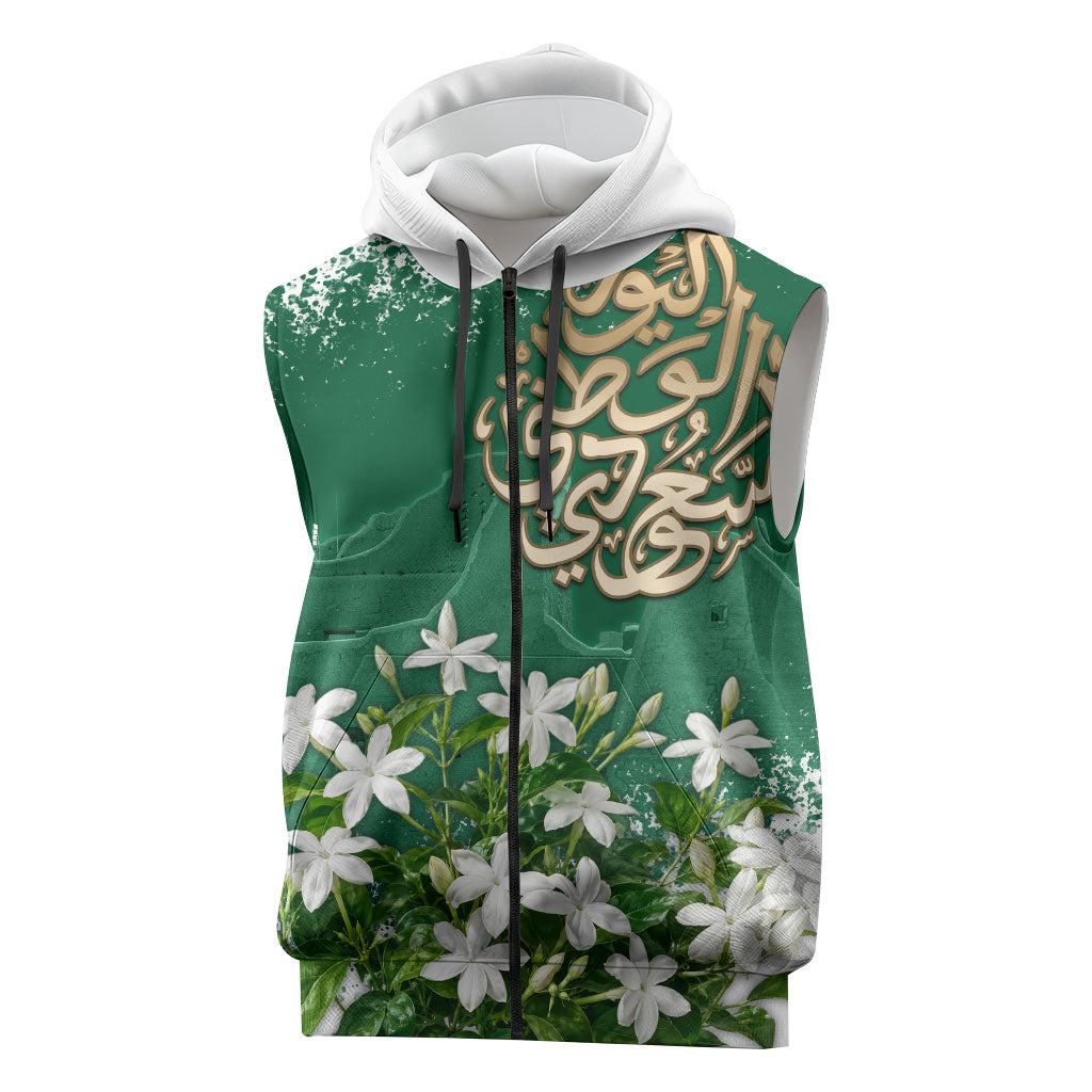 Saudi Arabia National Day Sleeveless Zip Hoodie White Jasmine Arabic Calligraphy Cultural Pride