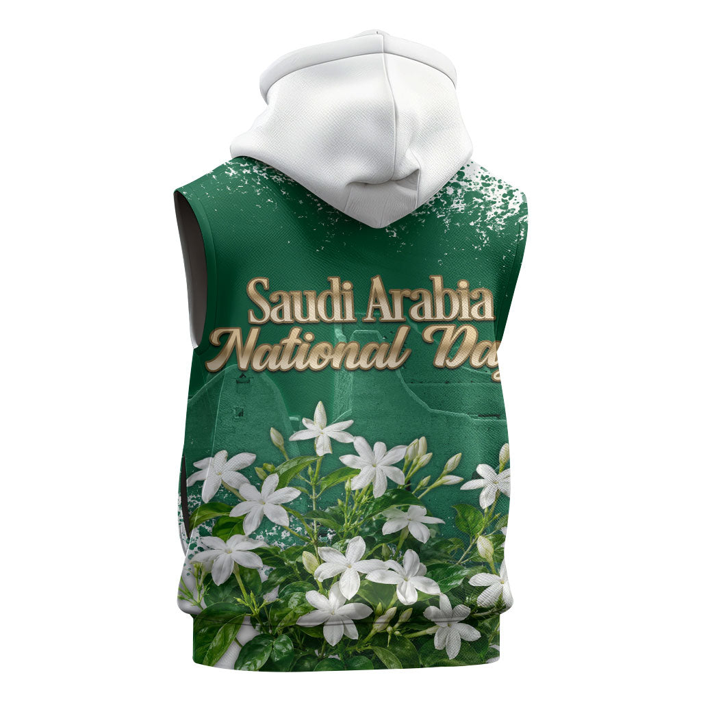 Saudi Arabia National Day Sleeveless Zip Hoodie White Jasmine Arabic Calligraphy Cultural Pride