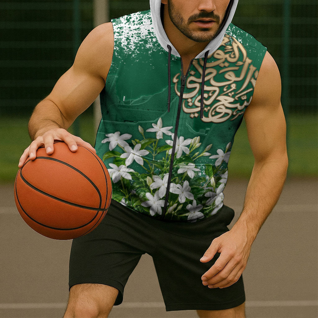Saudi Arabia National Day Sleeveless Zip Hoodie White Jasmine Arabic Calligraphy Cultural Pride