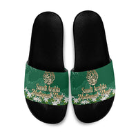 Saudi Arabia National Day Slide Sandals White Jasmine Arabic Calligraphy Cultural Pride