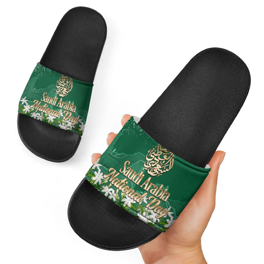 Saudi Arabia National Day Slide Sandals White Jasmine Arabic Calligraphy Cultural Pride