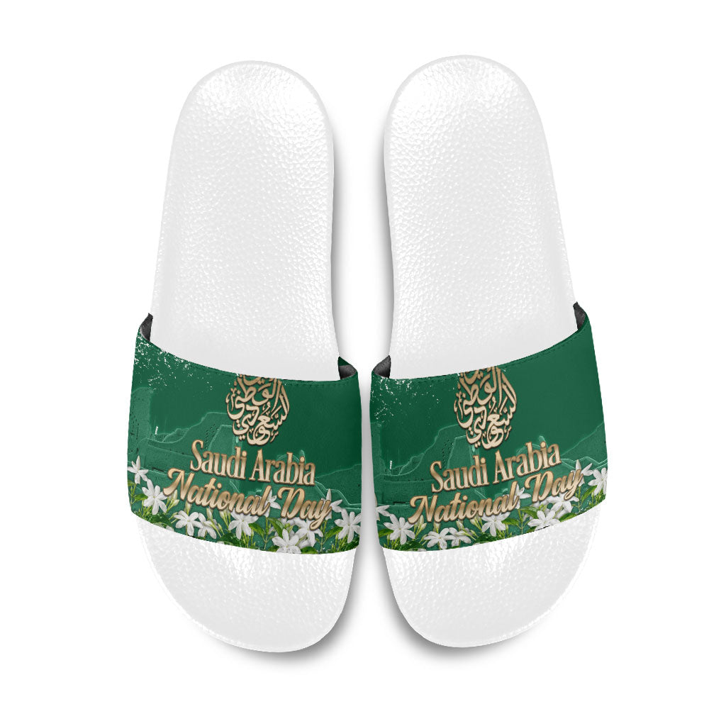 Saudi Arabia National Day Slide Sandals White Jasmine Arabic Calligraphy Cultural Pride