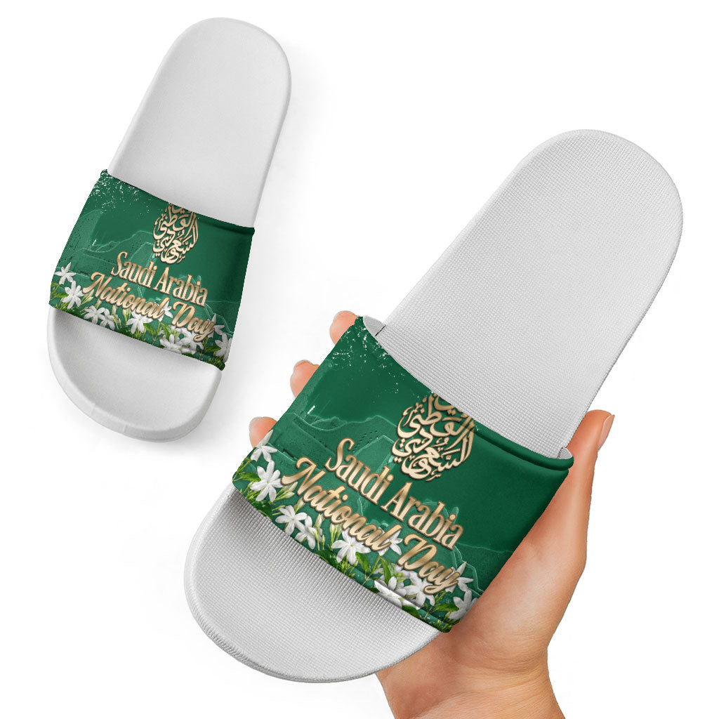 Saudi Arabia National Day Slide Sandals White Jasmine Arabic Calligraphy Cultural Pride