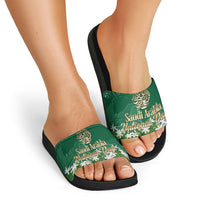 Saudi Arabia National Day Slide Sandals White Jasmine Arabic Calligraphy Cultural Pride