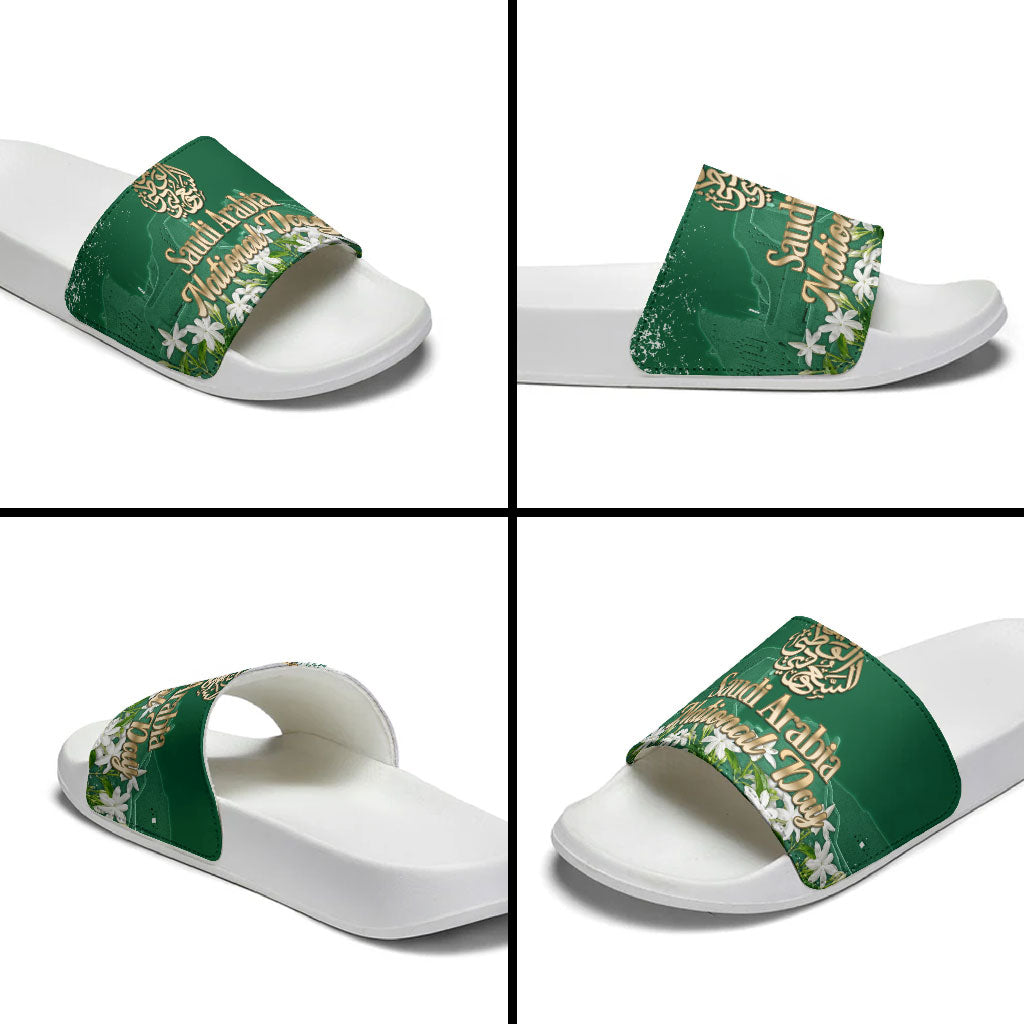 Saudi Arabia National Day Slide Sandals White Jasmine Arabic Calligraphy Cultural Pride