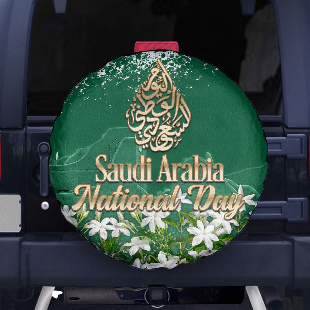 Saudi Arabia National Day Spare Tire Cover White Jasmine Arabic Calligraphy Cultural Pride