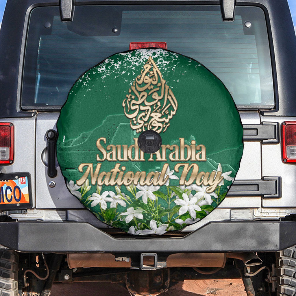 Saudi Arabia National Day Spare Tire Cover White Jasmine Arabic Calligraphy Cultural Pride