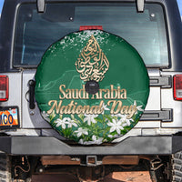 Saudi Arabia National Day Spare Tire Cover White Jasmine Arabic Calligraphy Cultural Pride