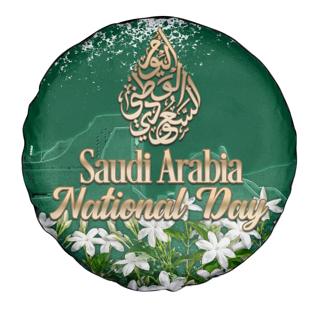 Saudi Arabia National Day Spare Tire Cover White Jasmine Arabic Calligraphy Cultural Pride