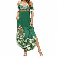 Saudi Arabia National Day Summer Maxi Dress White Jasmine Arabic Calligraphy Cultural Pride