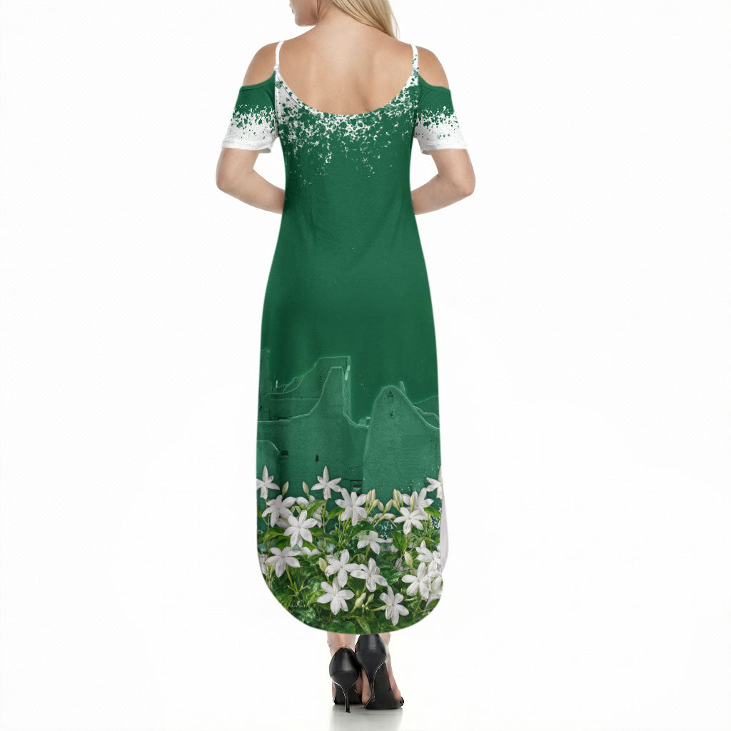 Saudi Arabia National Day Summer Maxi Dress White Jasmine Arabic Calligraphy Cultural Pride