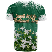 Saudi Arabia National Day T Shirt White Jasmine Arabic Calligraphy Cultural Pride