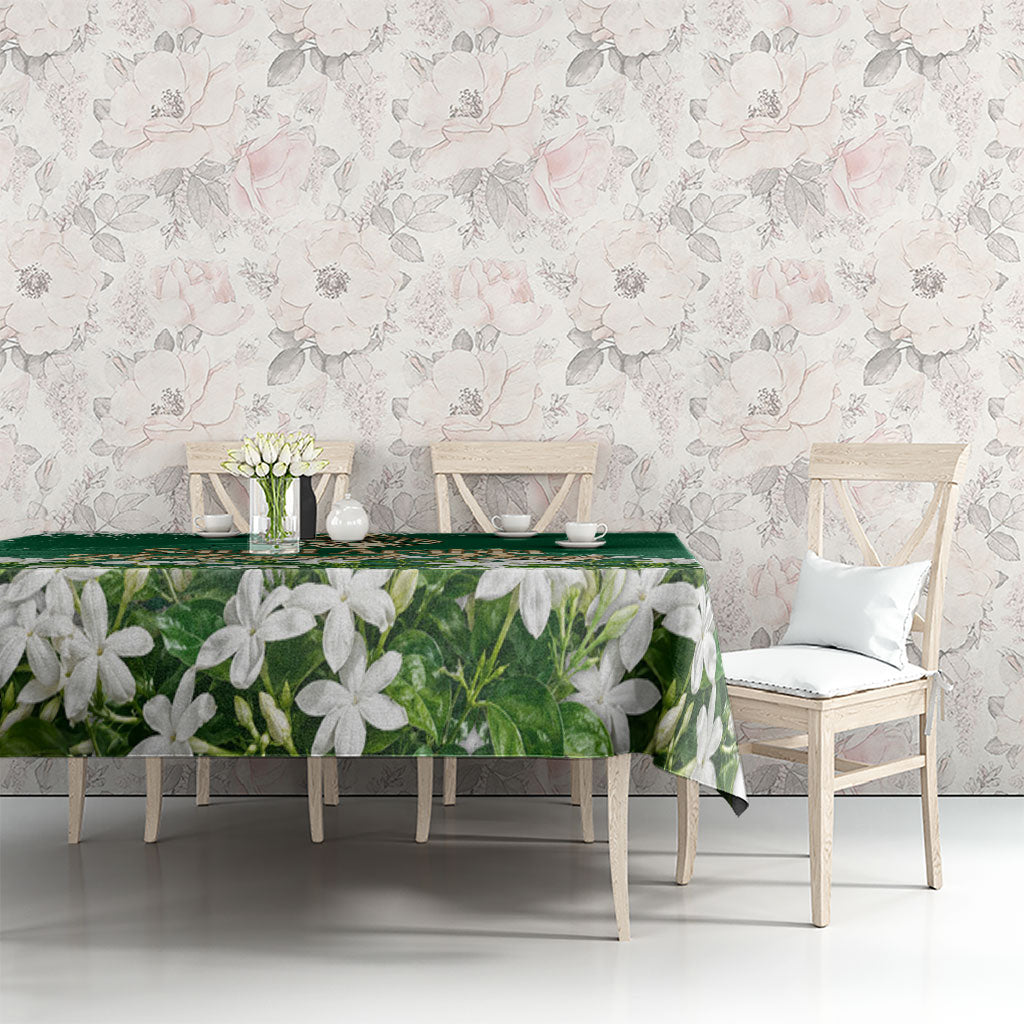 Saudi Arabia National Day Tablecloth White Jasmine Arabic Calligraphy Cultural Pride