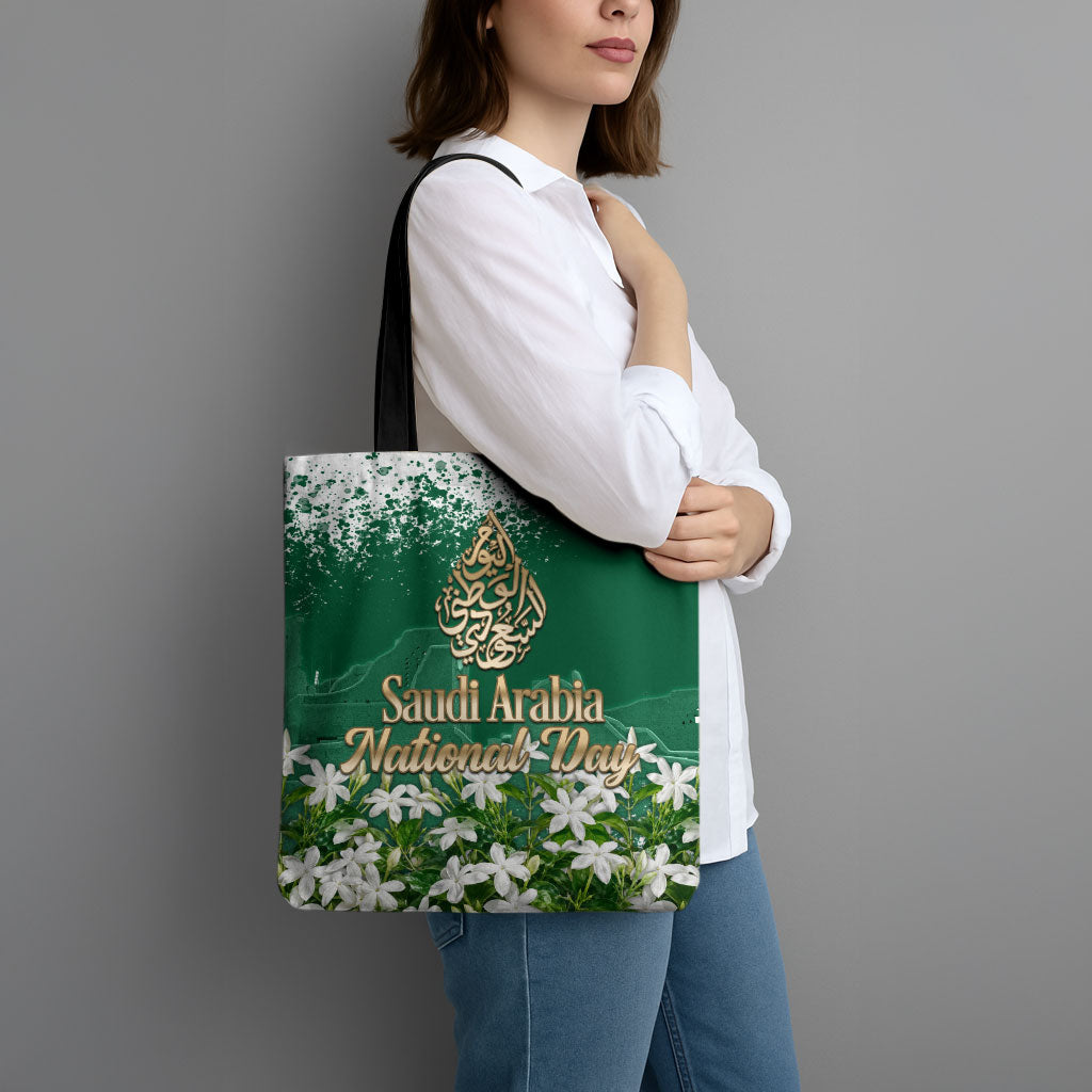 Saudi Arabia National Day Tote Bag White Jasmine Arabic Calligraphy Cultural Pride