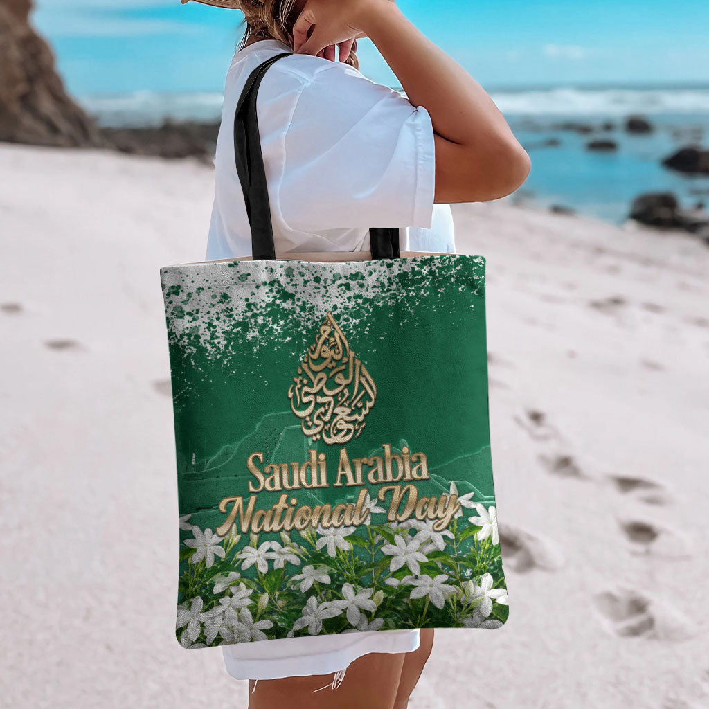 Saudi Arabia National Day Tote Bag White Jasmine Arabic Calligraphy Cultural Pride