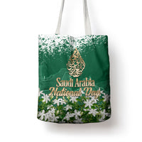 Saudi Arabia National Day Tote Bag White Jasmine Arabic Calligraphy Cultural Pride