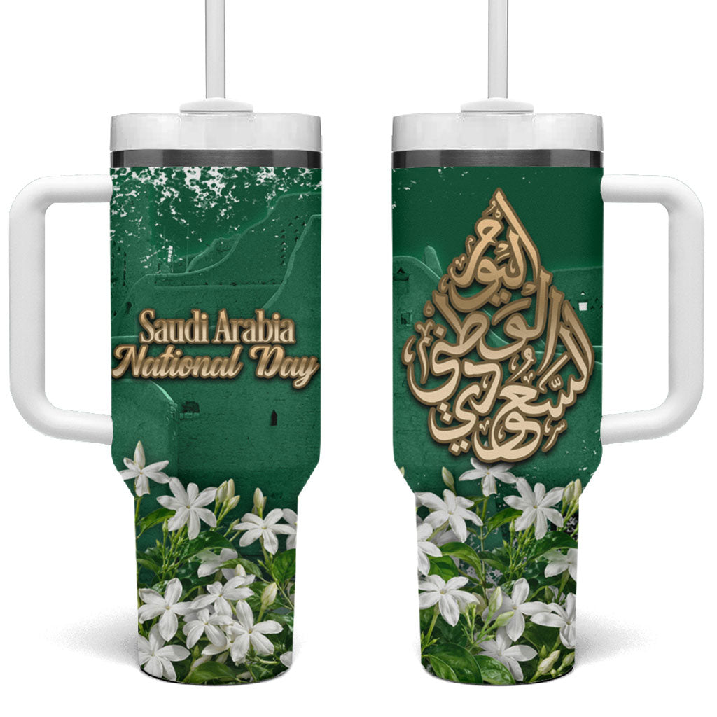 Saudi Arabia National Day Tumbler With Handle White Jasmine Arabic Calligraphy Cultural Pride