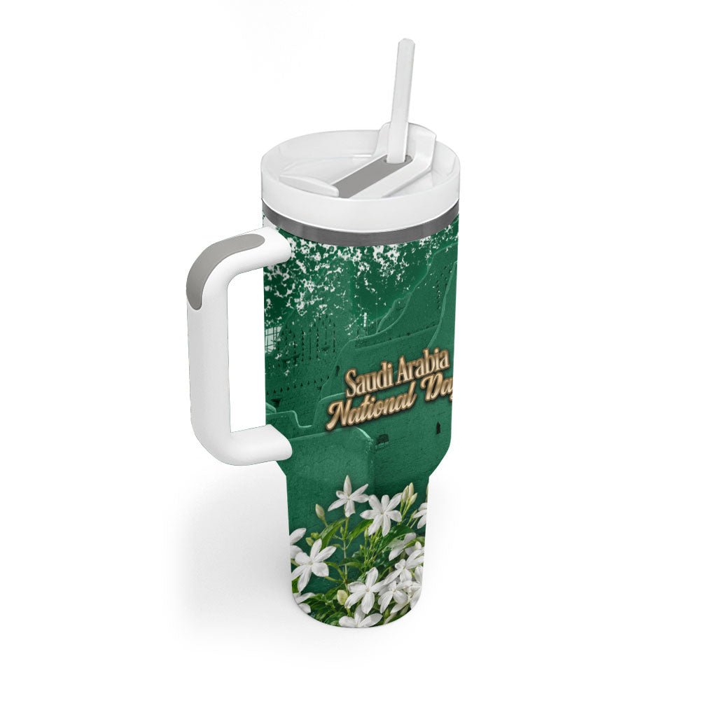 Saudi Arabia National Day Tumbler With Handle White Jasmine Arabic Calligraphy Cultural Pride