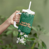 Saudi Arabia National Day Tumbler With Handle White Jasmine Arabic Calligraphy Cultural Pride