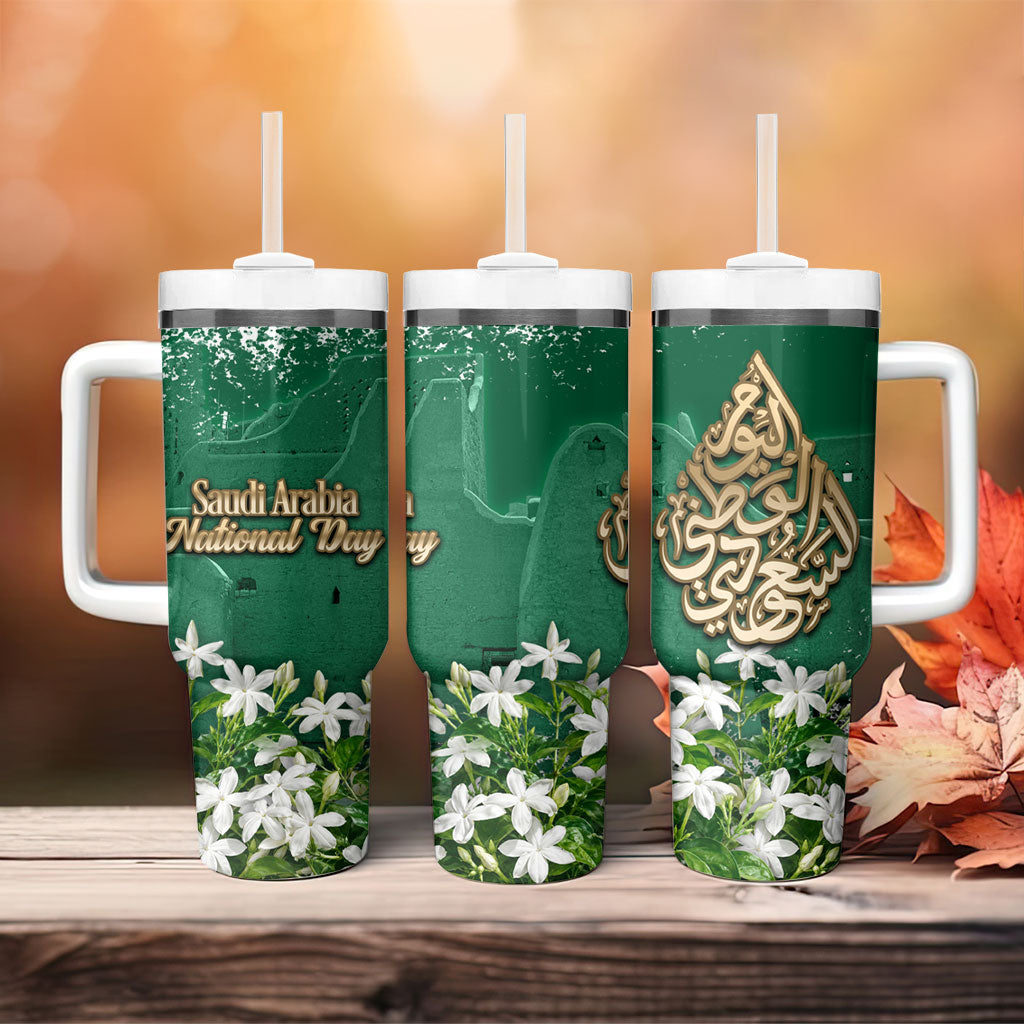 Saudi Arabia National Day Tumbler With Handle White Jasmine Arabic Calligraphy Cultural Pride