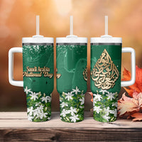 Saudi Arabia National Day Tumbler With Handle White Jasmine Arabic Calligraphy Cultural Pride