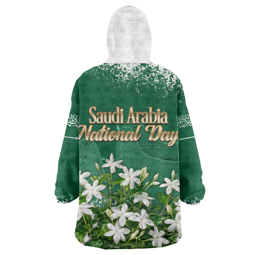 Saudi Arabia National Day Wearable Blanket Hoodie White Jasmine Arabic Calligraphy Cultural Pride