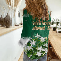 Saudi Arabia National Day Women Casual Shirt White Jasmine Arabic Calligraphy Cultural Pride
