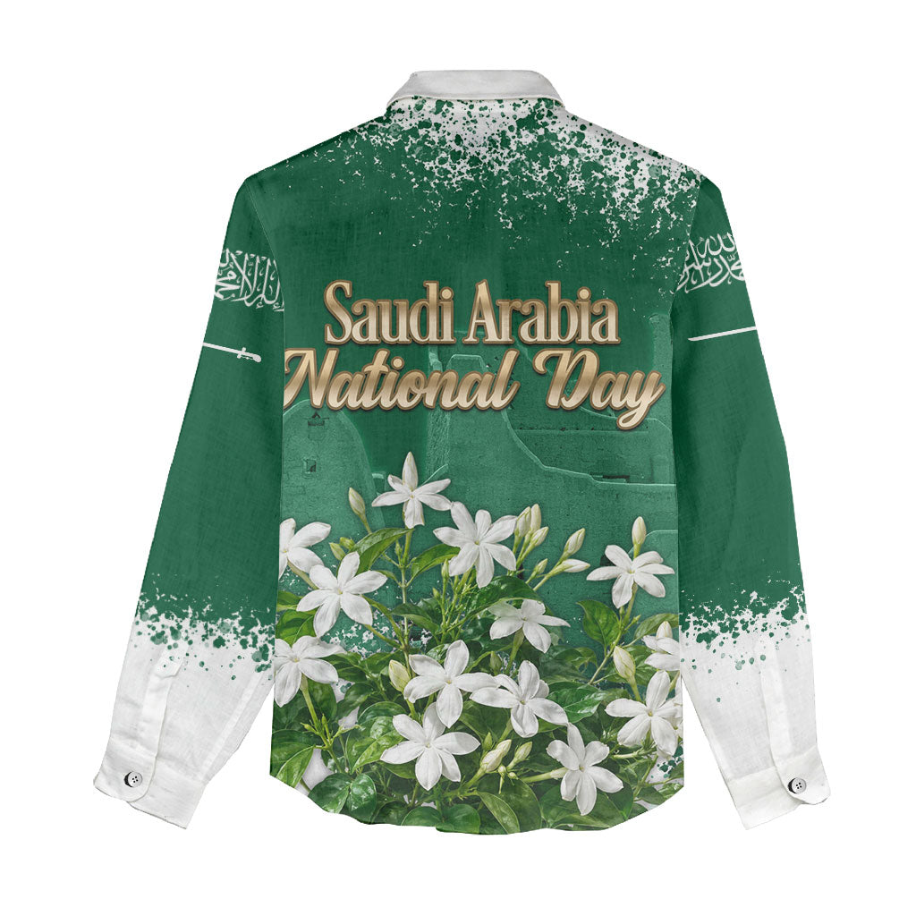 Saudi Arabia National Day Women Casual Shirt White Jasmine Arabic Calligraphy Cultural Pride