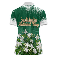 Saudi Arabia National Day Women Polo Shirt White Jasmine Arabic Calligraphy Cultural Pride