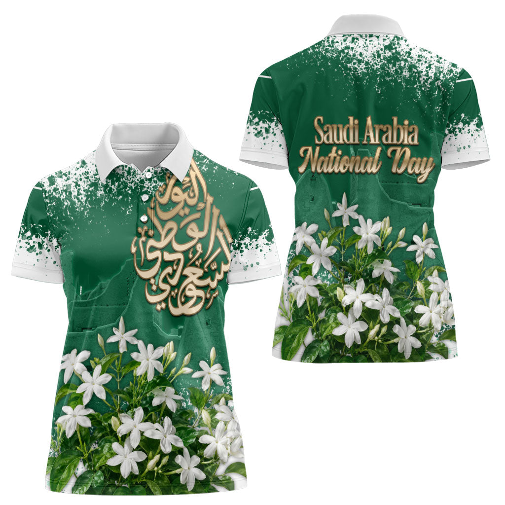 Saudi Arabia National Day Women Polo Shirt White Jasmine Arabic Calligraphy Cultural Pride