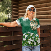 Saudi Arabia National Day Women Polo Shirt White Jasmine Arabic Calligraphy Cultural Pride