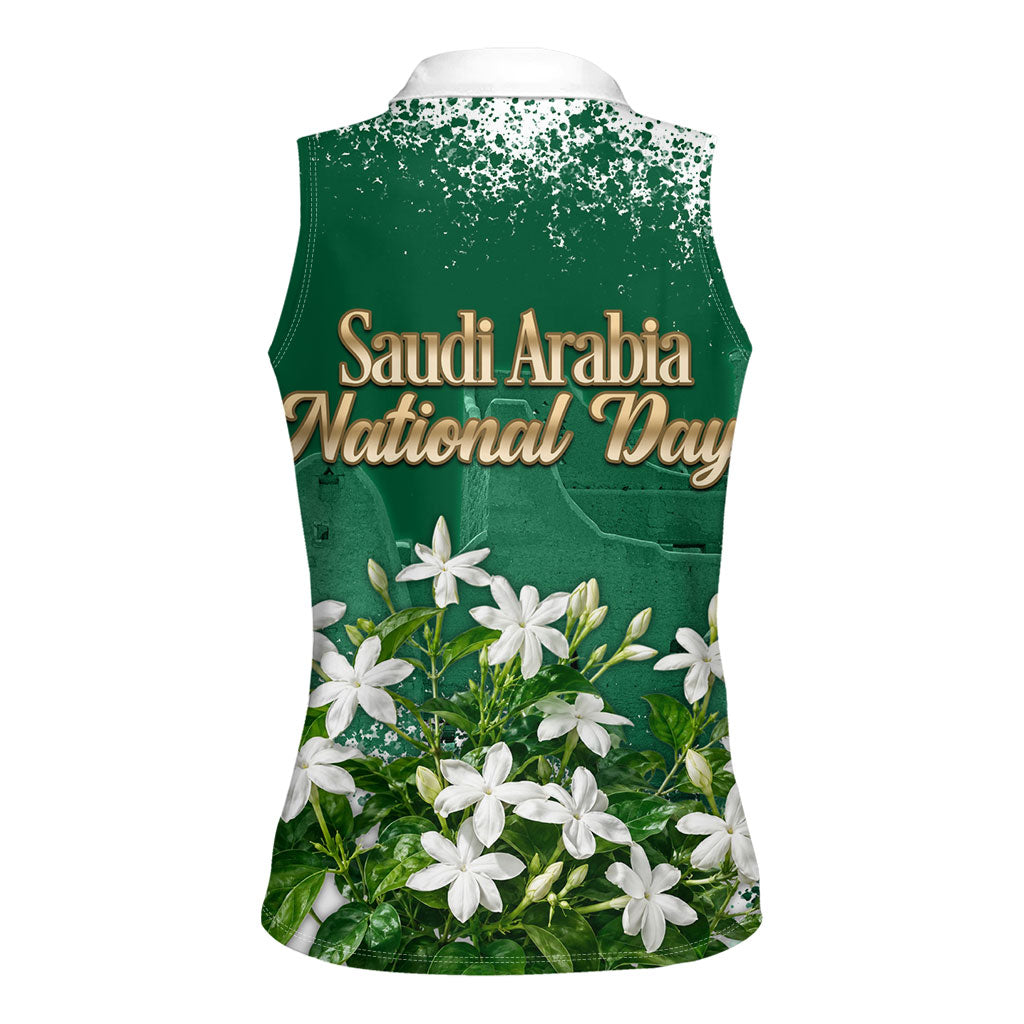 Saudi Arabia National Day Women Sleeveless Polo Shirt White Jasmine Arabic Calligraphy Cultural Pride