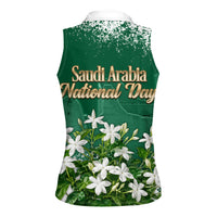 Saudi Arabia National Day Women Sleeveless Polo Shirt White Jasmine Arabic Calligraphy Cultural Pride
