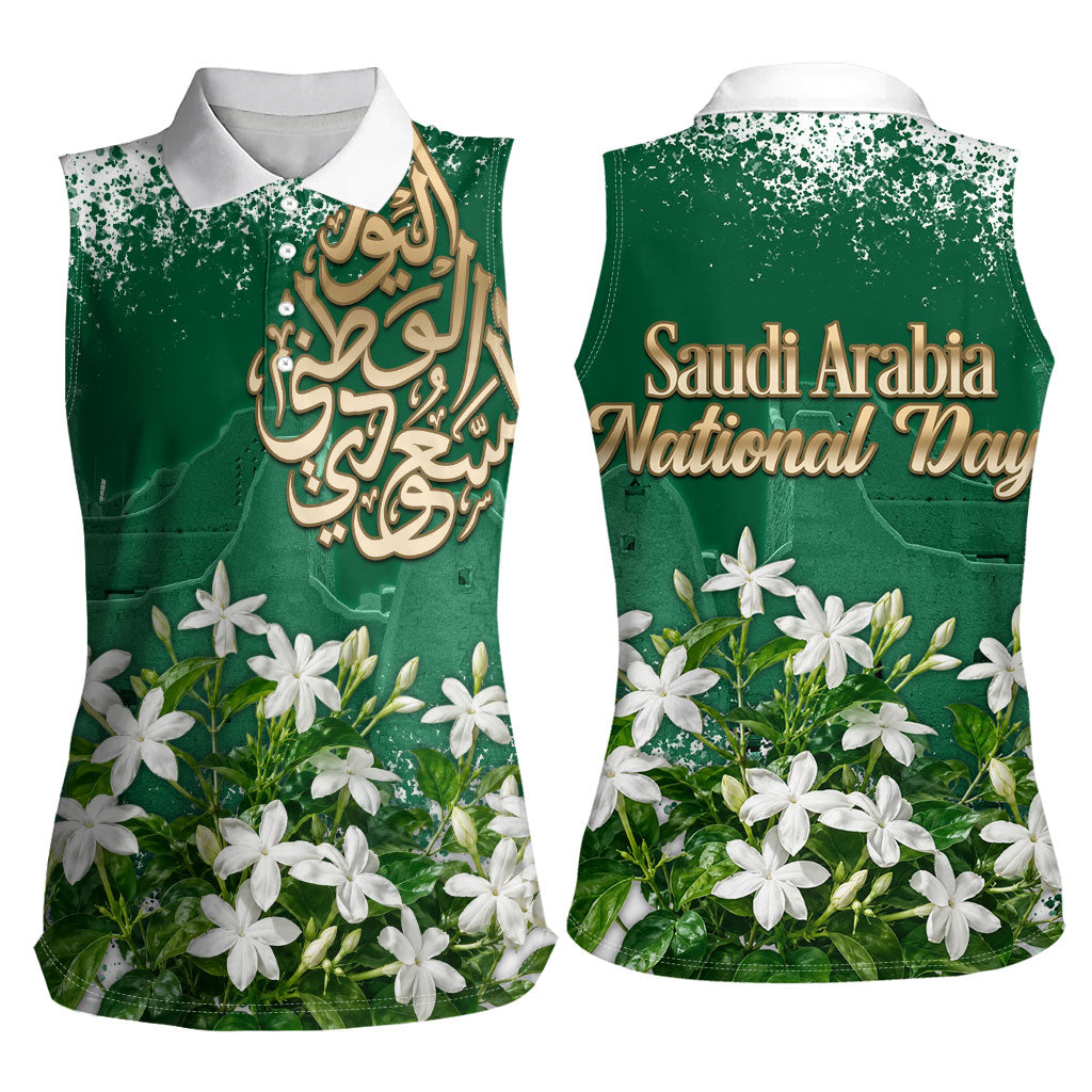 Saudi Arabia National Day Women Sleeveless Polo Shirt White Jasmine Arabic Calligraphy Cultural Pride