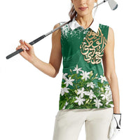 Saudi Arabia National Day Women Sleeveless Polo Shirt White Jasmine Arabic Calligraphy Cultural Pride