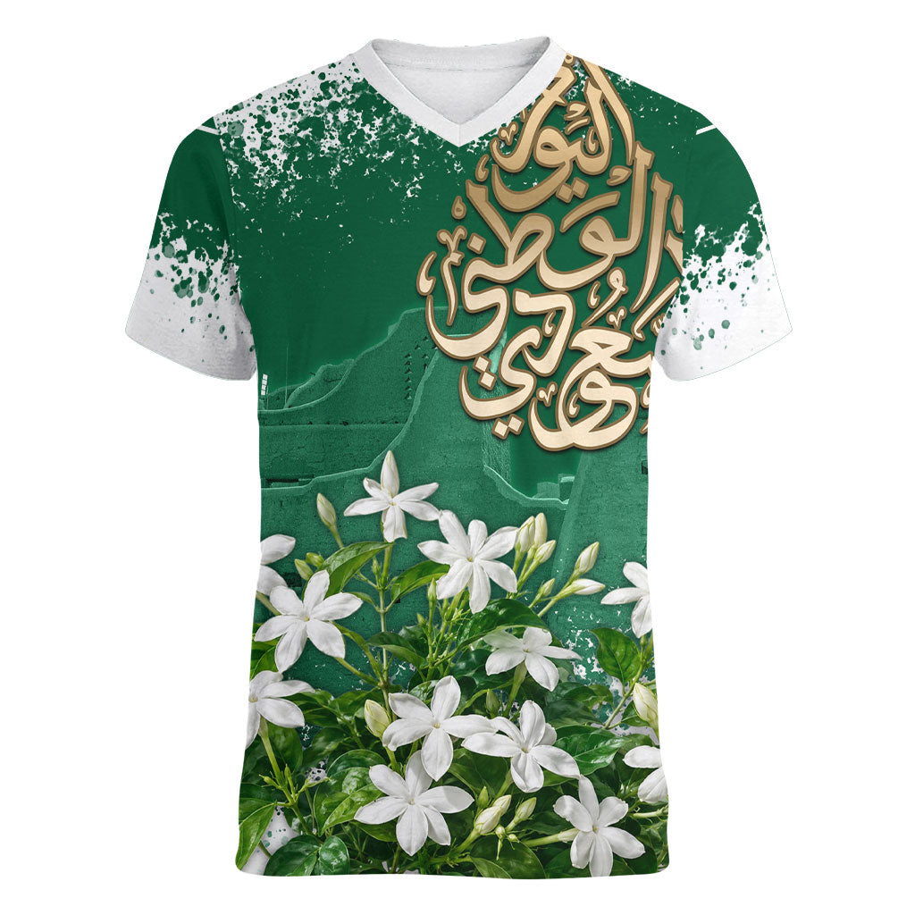 Saudi Arabia National Day Women V-Neck T-Shirt White Jasmine Arabic Calligraphy Cultural Pride
