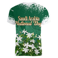 Saudi Arabia National Day Women V-Neck T-Shirt White Jasmine Arabic Calligraphy Cultural Pride