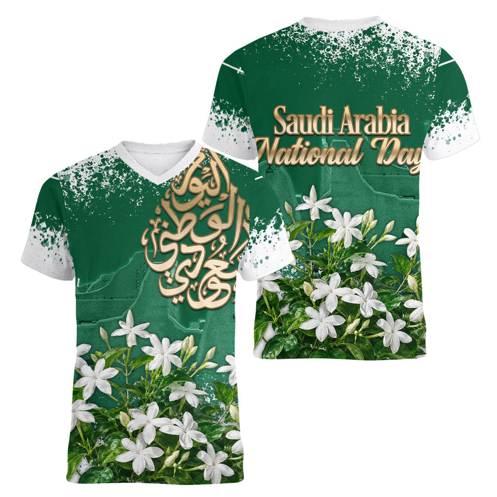 Saudi Arabia National Day Women V-Neck T-Shirt White Jasmine Arabic Calligraphy Cultural Pride