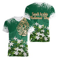 Saudi Arabia National Day Women V-Neck T-Shirt White Jasmine Arabic Calligraphy Cultural Pride