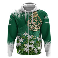 Saudi Arabia National Day Zip Hoodie White Jasmine Arabic Calligraphy Cultural Pride