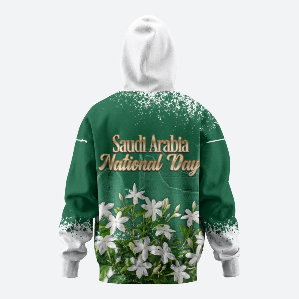 Saudi Arabia National Day Zip Hoodie White Jasmine Arabic Calligraphy Cultural Pride