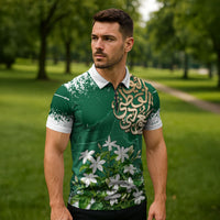 Saudi Arabia National Day Zipper Polo Shirt White Jasmine Arabic Calligraphy Cultural Pride
