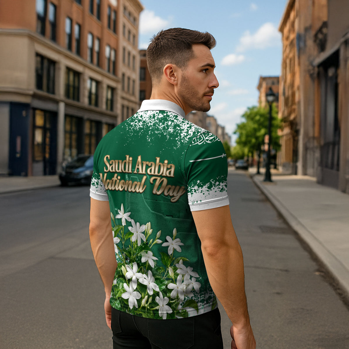 Saudi Arabia National Day Zipper Polo Shirt White Jasmine Arabic Calligraphy Cultural Pride