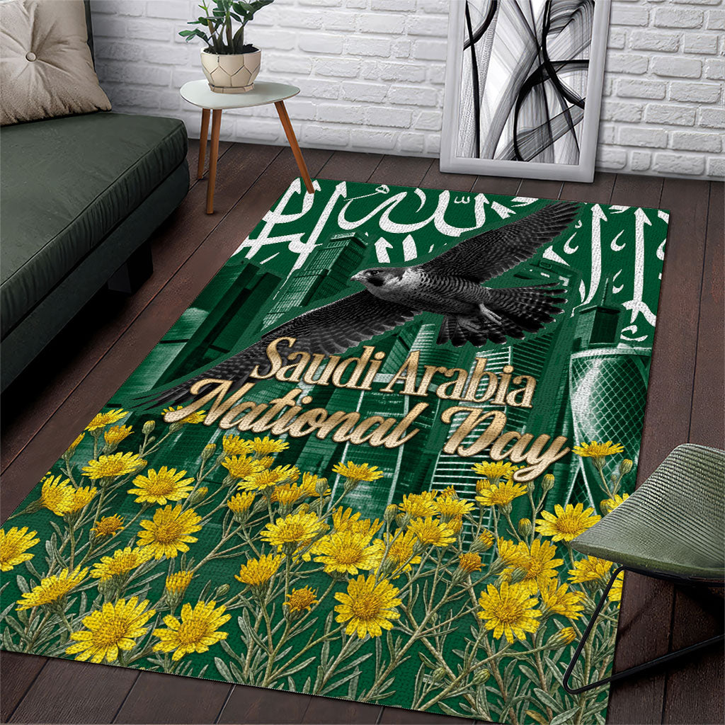Saudi Arabia National Day Area Rug Falcon Skyline Arabic Calligraphy Cultural Pride