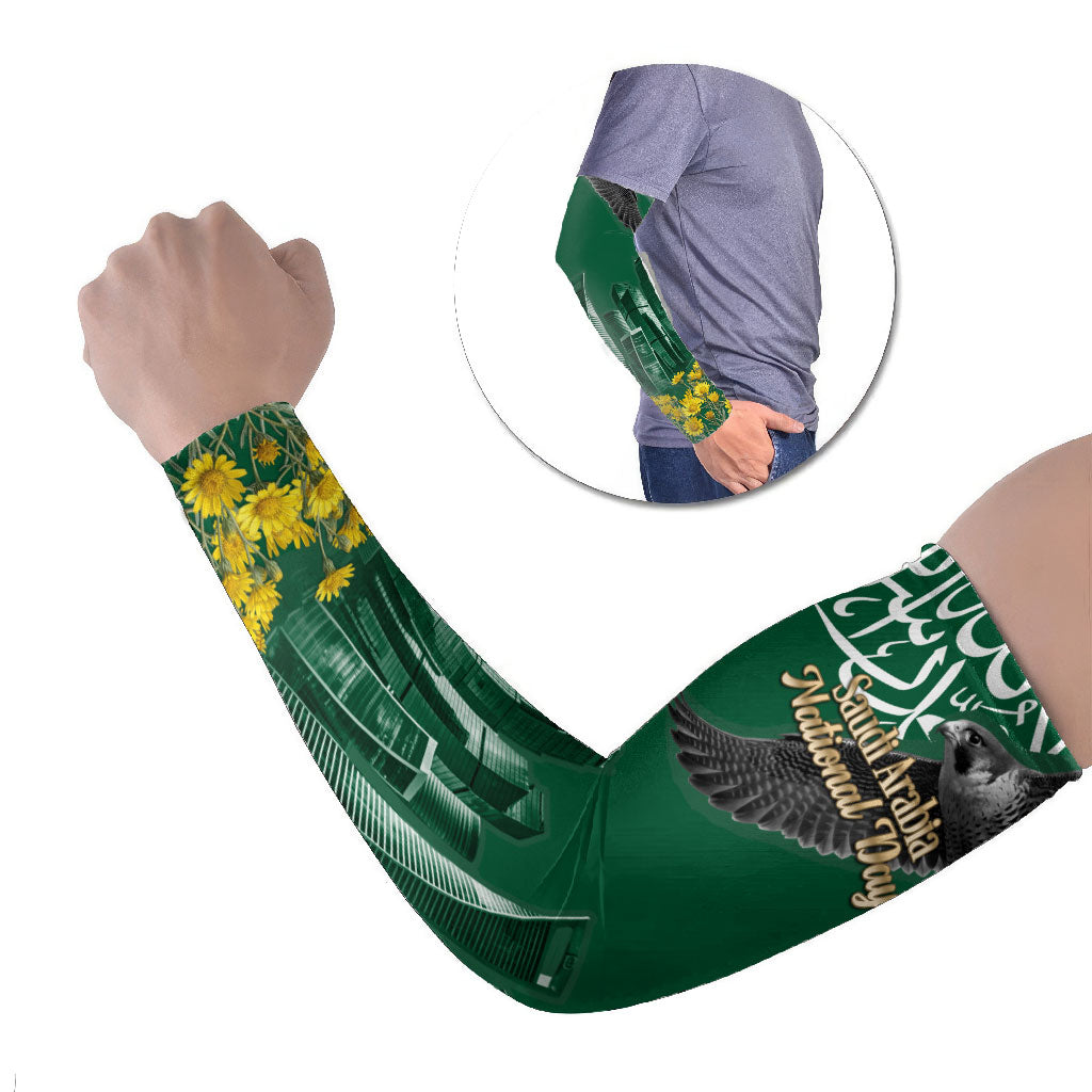 Saudi Arabia National Day Arm Sleeves Falcon Skyline Arabic Calligraphy Cultural Pride