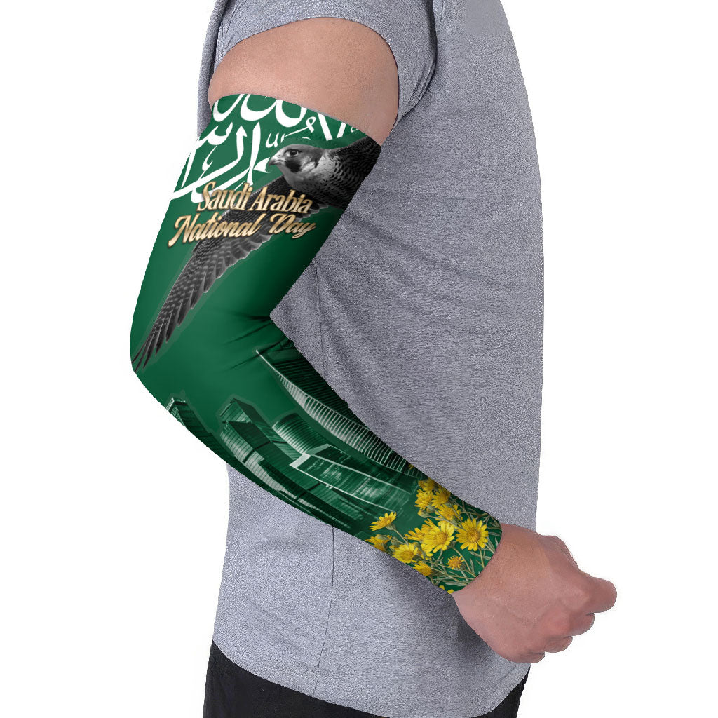 Saudi Arabia National Day Arm Sleeves Falcon Skyline Arabic Calligraphy Cultural Pride