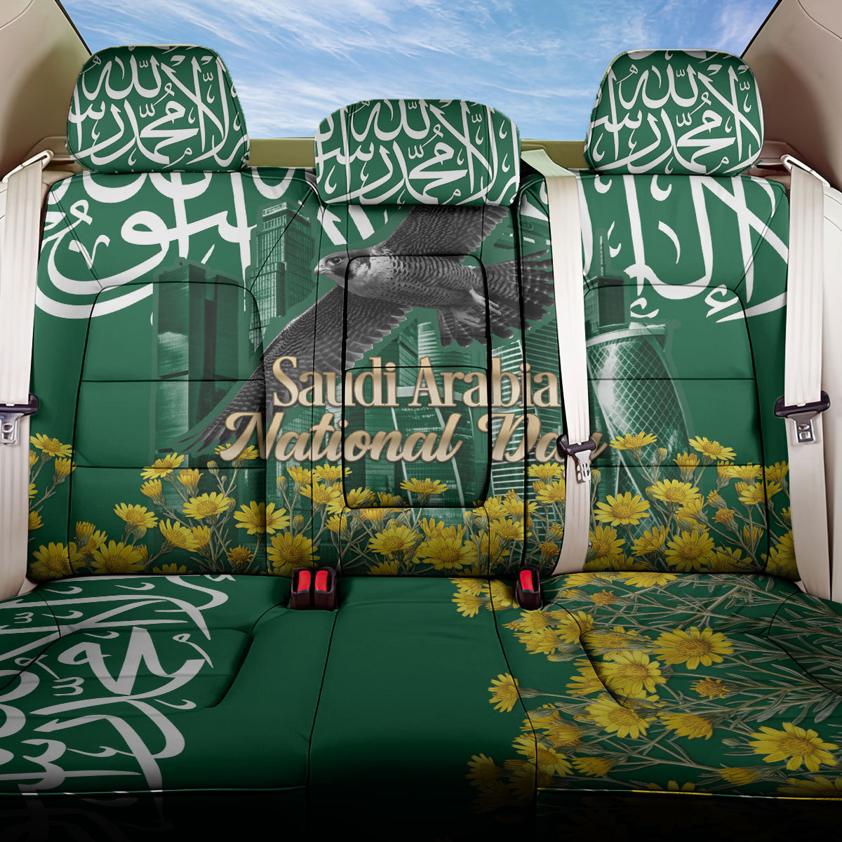 Saudi Arabia National Day Back Car Seat Cover Falcon Skyline Arabic Calligraphy Cultural Pride