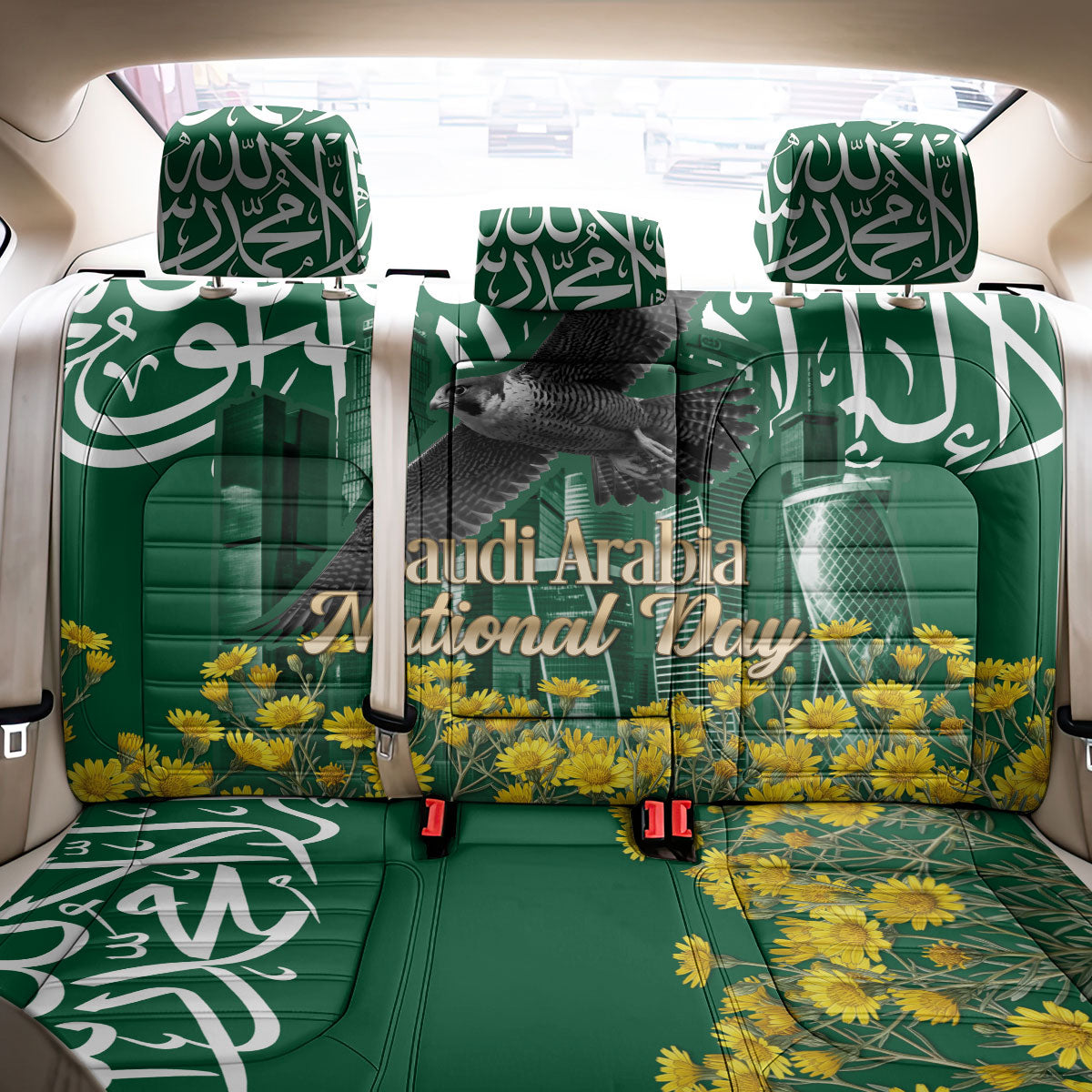Saudi Arabia National Day Back Car Seat Cover Falcon Skyline Arabic Calligraphy Cultural Pride