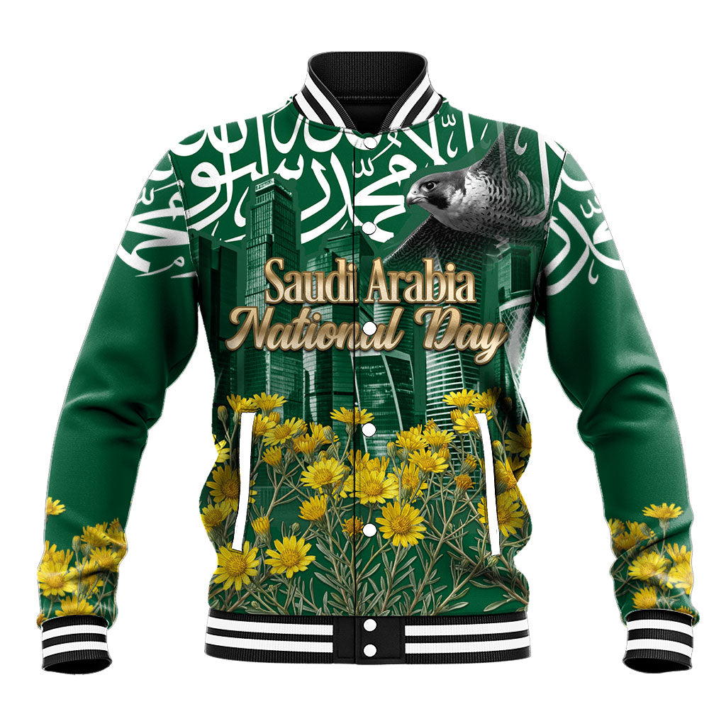 Saudi Arabia National Day Baseball Jacket Falcon Skyline Arabic Calligraphy Cultural Pride