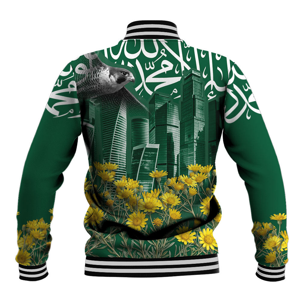 Saudi Arabia National Day Baseball Jacket Falcon Skyline Arabic Calligraphy Cultural Pride